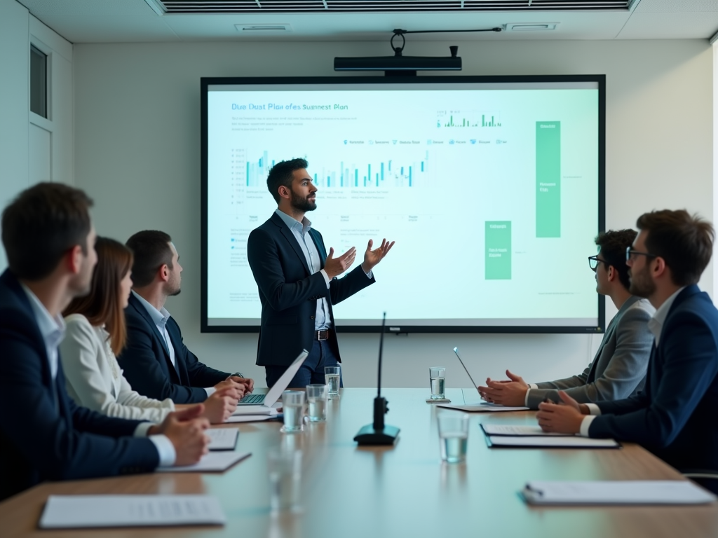 A businessman presenting data to colleagues in a conference room with a chart on the screen.