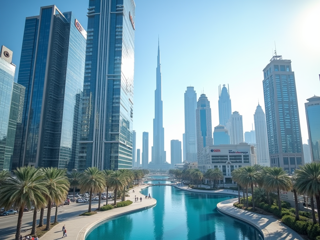 A sunny day in Dubai with the Burj Khalifa towering behind modern skyscrapers and a palm-lined waterfront.