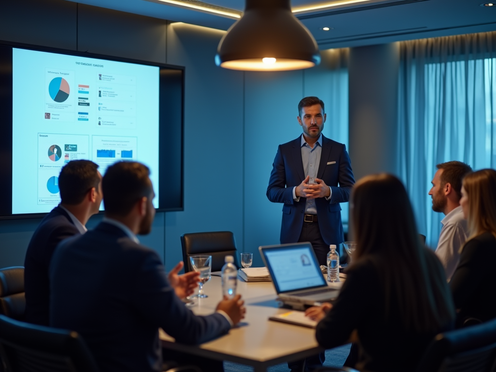 Man presenting data on screen to colleagues in a business meeting.