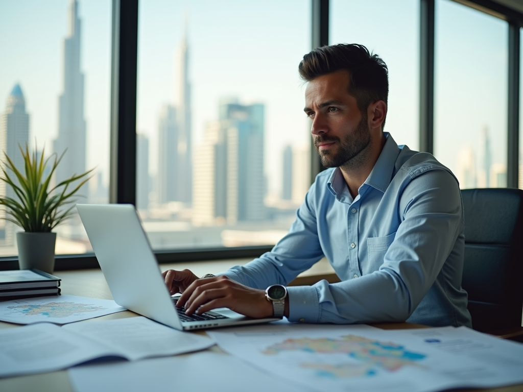 Man in shirt works at laptop in office with city skyline view.