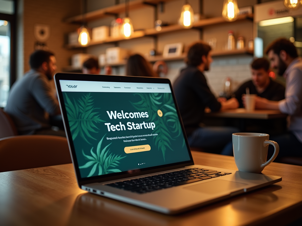 Laptop on table displaying "Welcomes Tech Startup" screen, with a coffee cup and people in background.