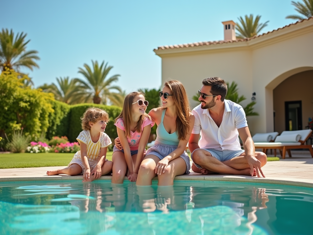 Family of four enjoying time by the poolside in sunny backyard.