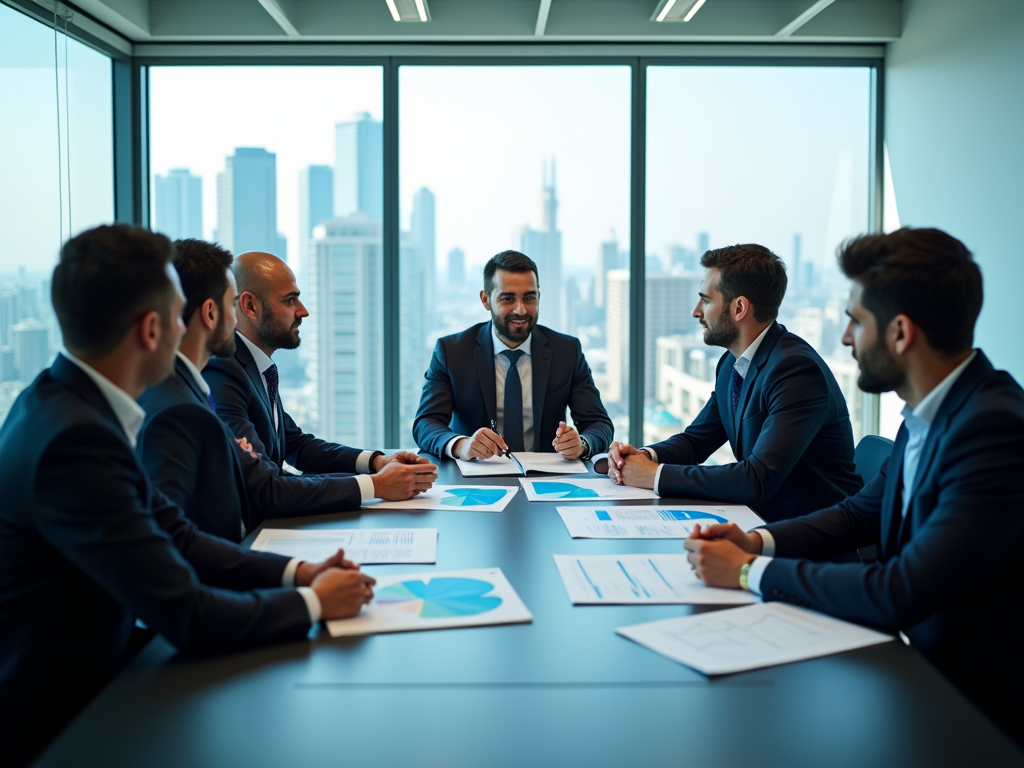 Businessmen discussing documents in a boardroom, city skyline visible through large windows.