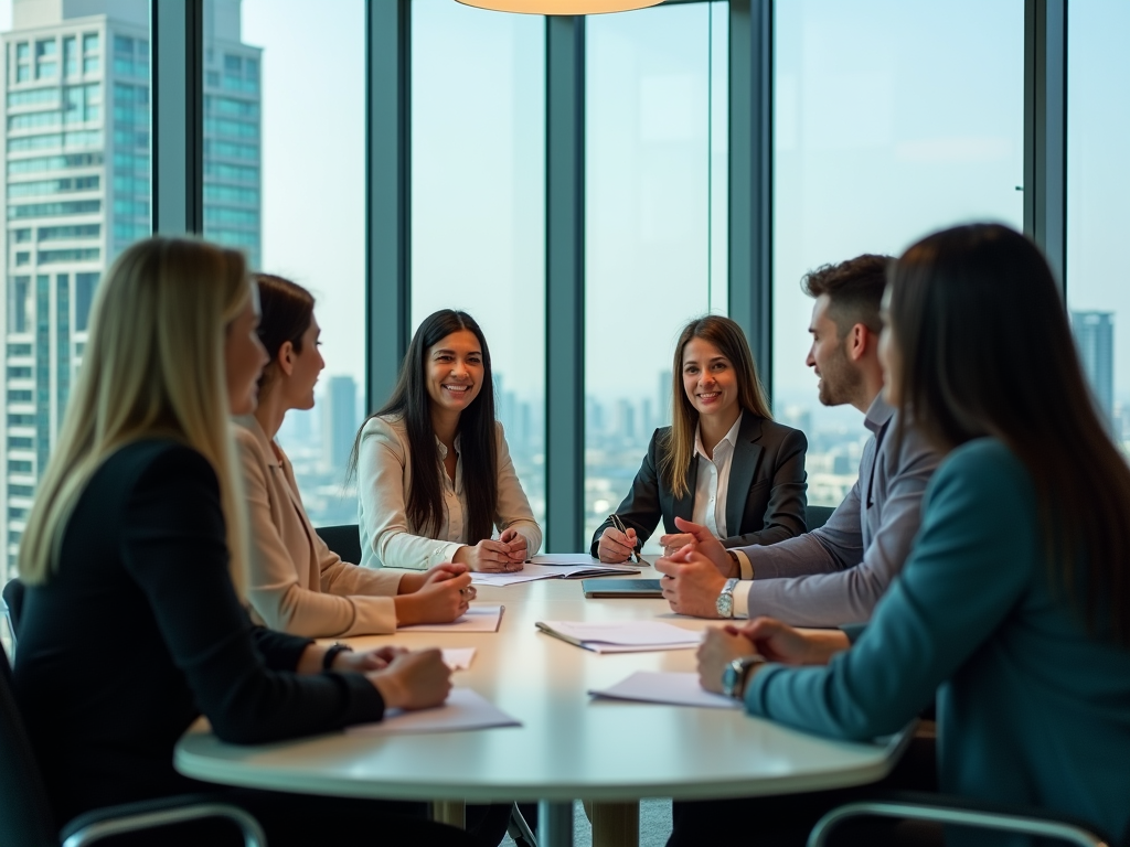 Group of professionals in a meeting, smiling in an office with city view.