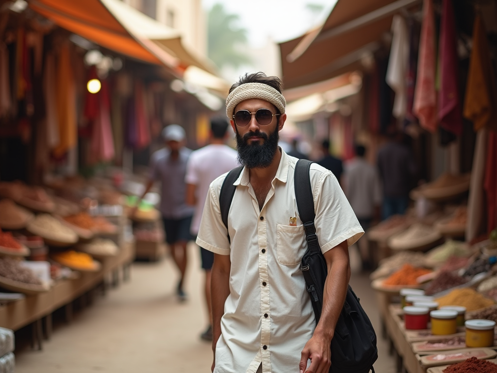 Bearded man in sunglasses and headband walks through a vibrant market street.