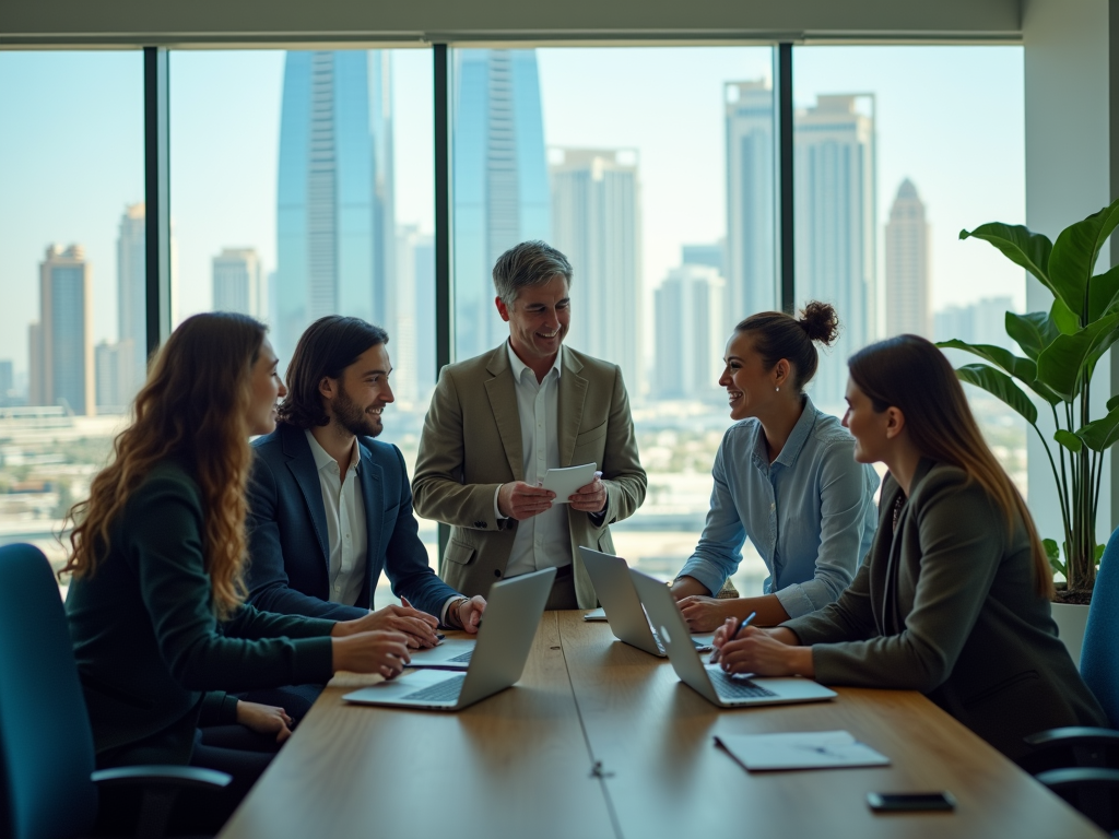 Business team discussing in a meeting room with city skyline in the background.