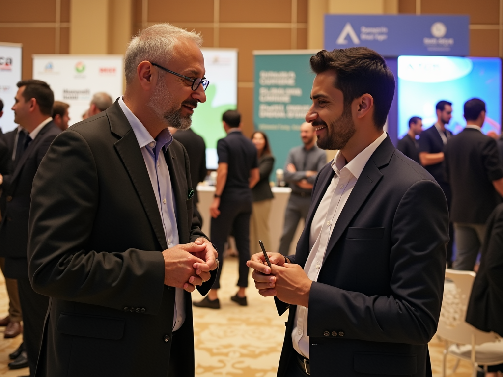 Two men conversing at a business conference with people in the background.