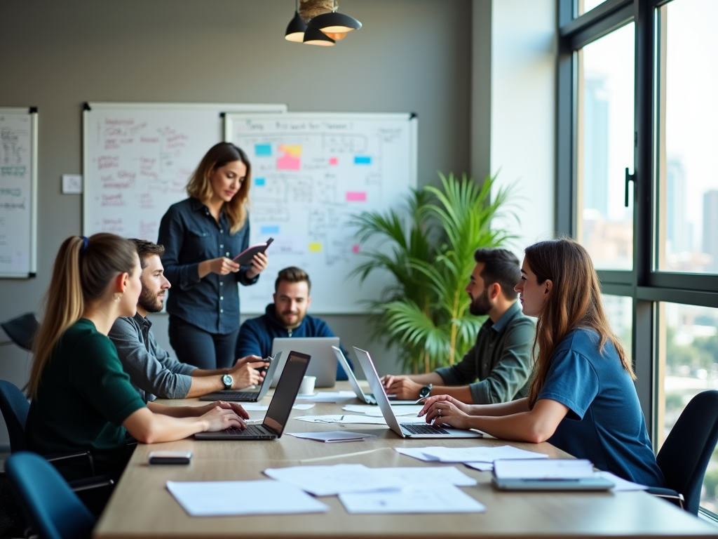 Team meeting in a modern office, with one woman standing and presenting to colleagues seated around a table.