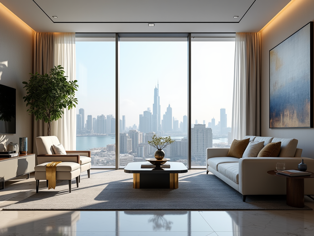 Luxury living room with modern decor overlooking a city skyline from a large window.