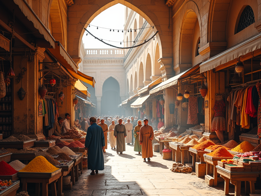 Vibrant market scene with people walking amidst stalls of colorful spices under arches.