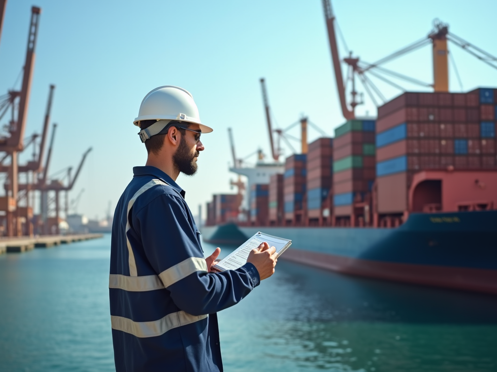 Engineer in helmet using tablet at busy cargo port.