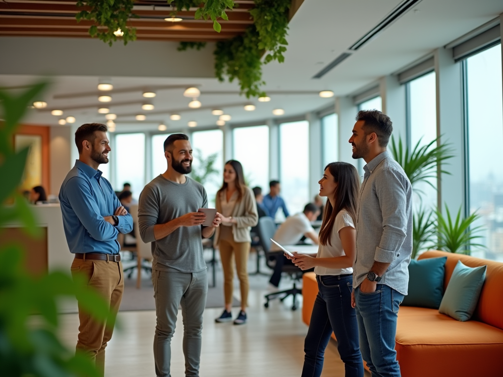 Four colleagues chatting in a modern office lounge with large windows and green plants.