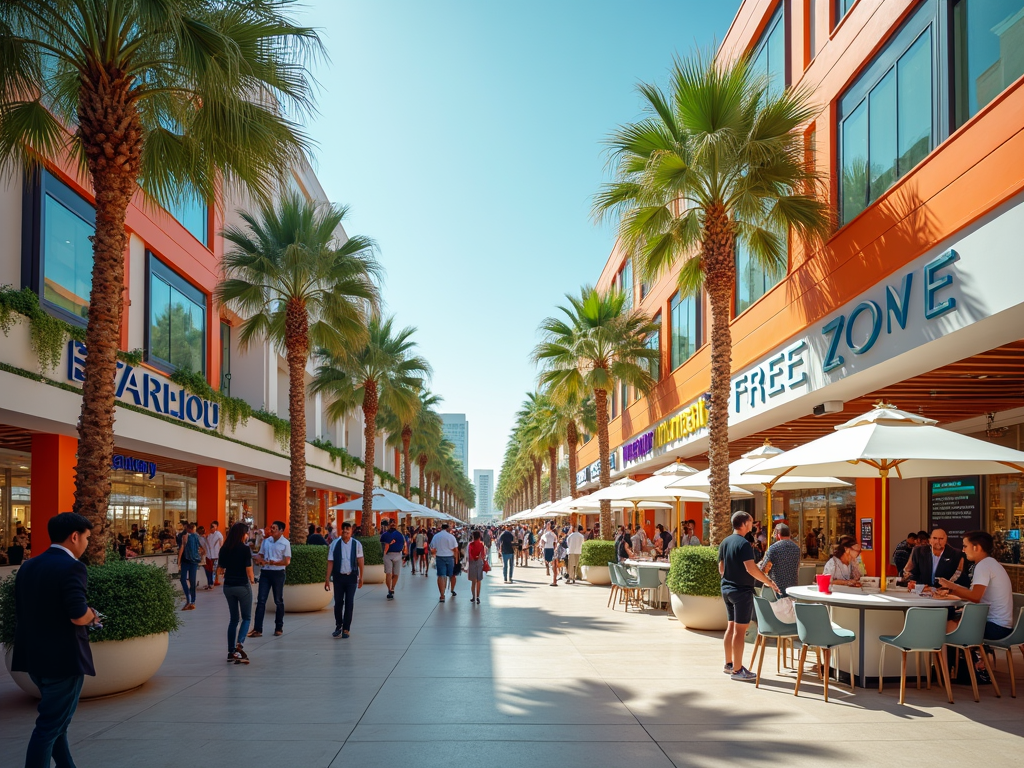 Sunny outdoor shopping promenade lined with palm trees, bustling with shoppers and diners.