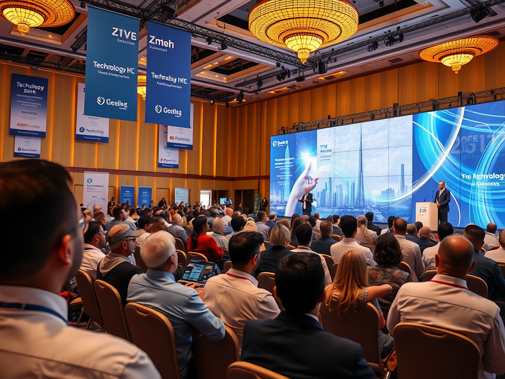 A large audience listens to a presentation at a technology conference, featuring banners and a large screen.