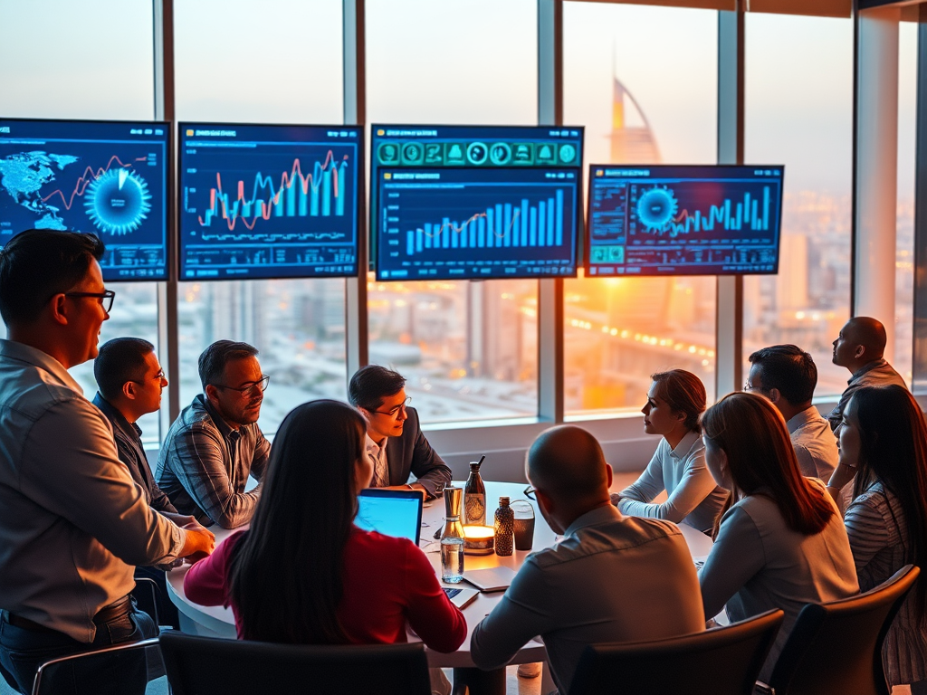 A team of professionals in a meeting room with screens displaying data and charts, overlooking a city skyline at sunset.