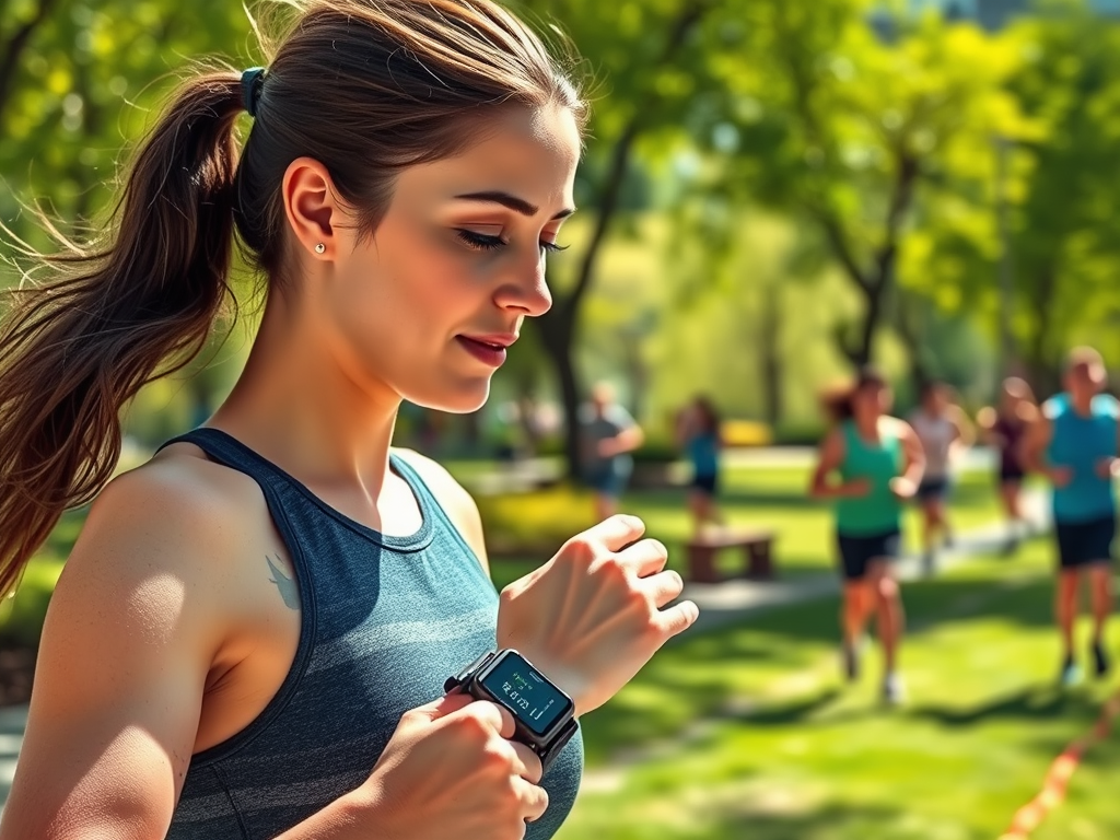 A woman checks her smartwatch while jogging in a park, with other runners visible in the background.