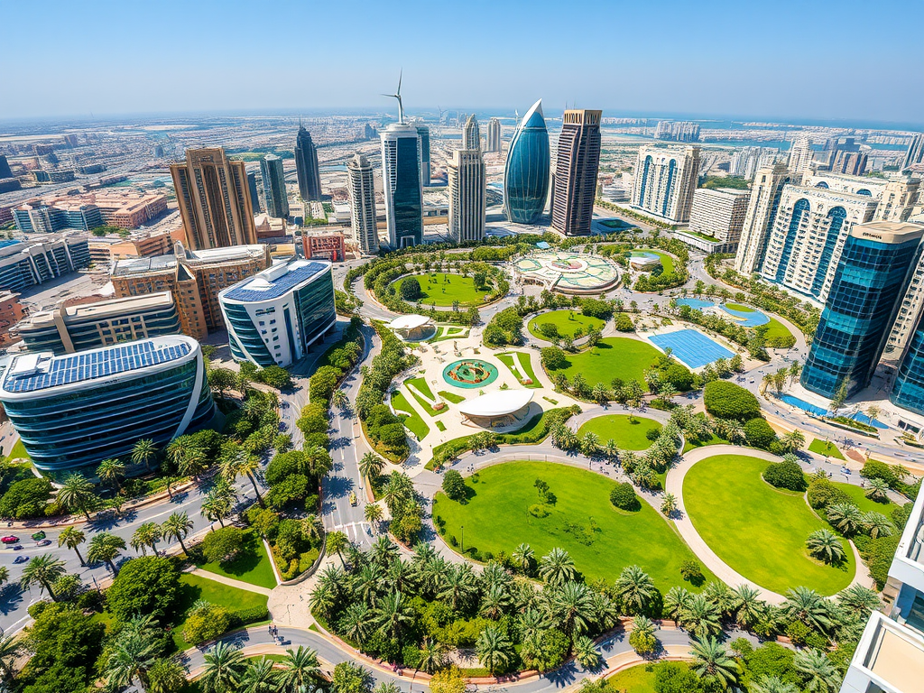 Aerial view of a modern city with green parks, palm trees, and high-rise buildings under a clear blue sky.