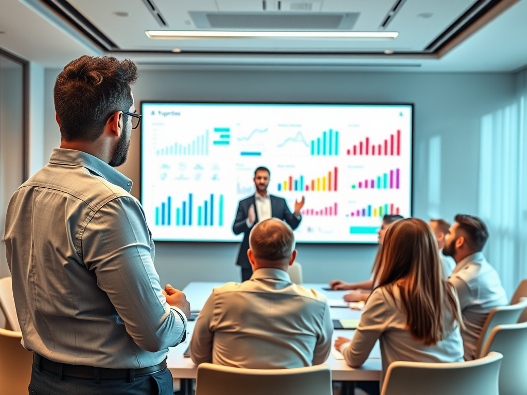 A man presents data charts to a group in a modern conference room, focusing on professional discussion.