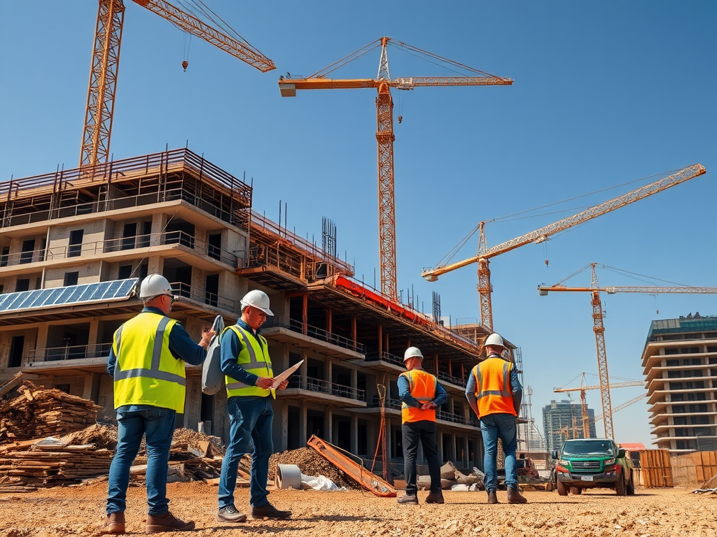 Four construction workers in safety gear observe a building site with cranes and construction materials.