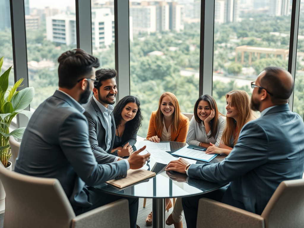 A diverse group of seven professionals engaged in a meeting around a glass table, smiling and collaborating.