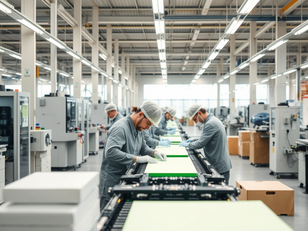 Workers in a factory assembly line handle green materials, wearing gloves and hairnets, in a well-lit environment.