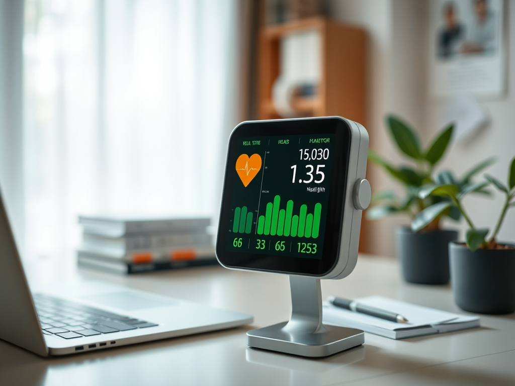 A digital health monitor displaying heart rate and activity stats next to a laptop on a desk with plants.