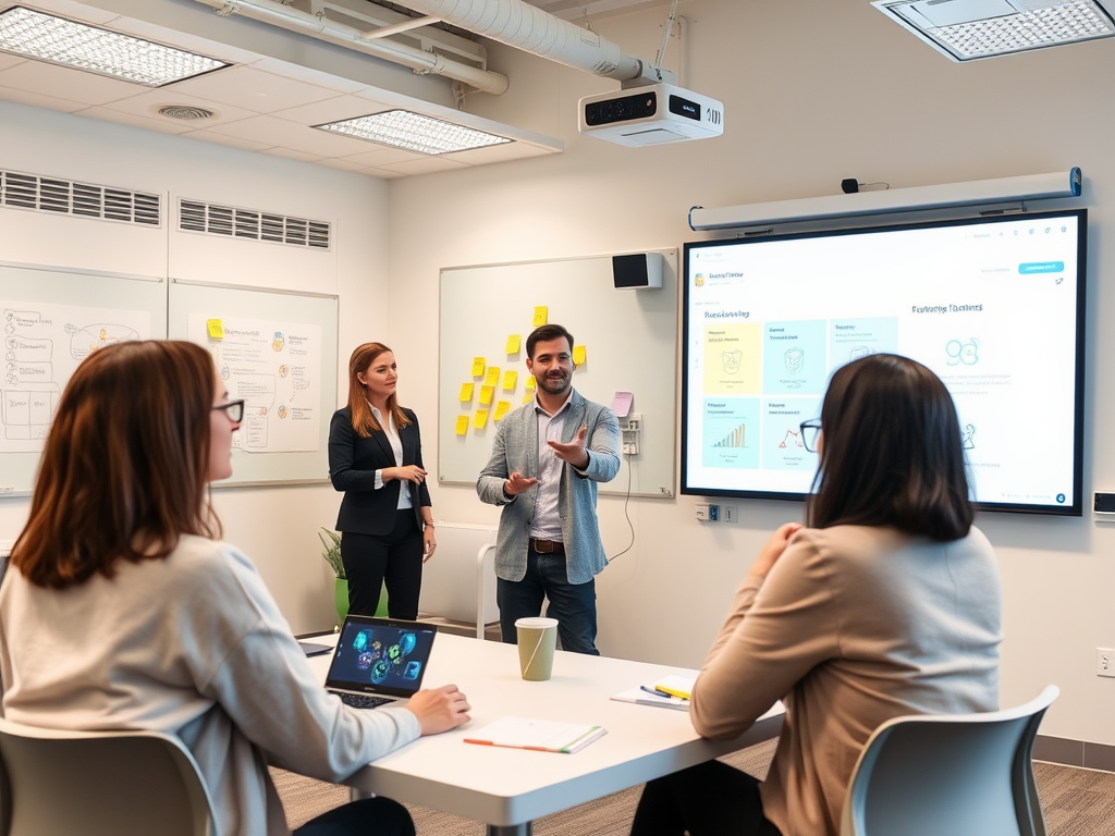 A man presents in a meeting room while two women listen attentively and a laptop displays visuals.